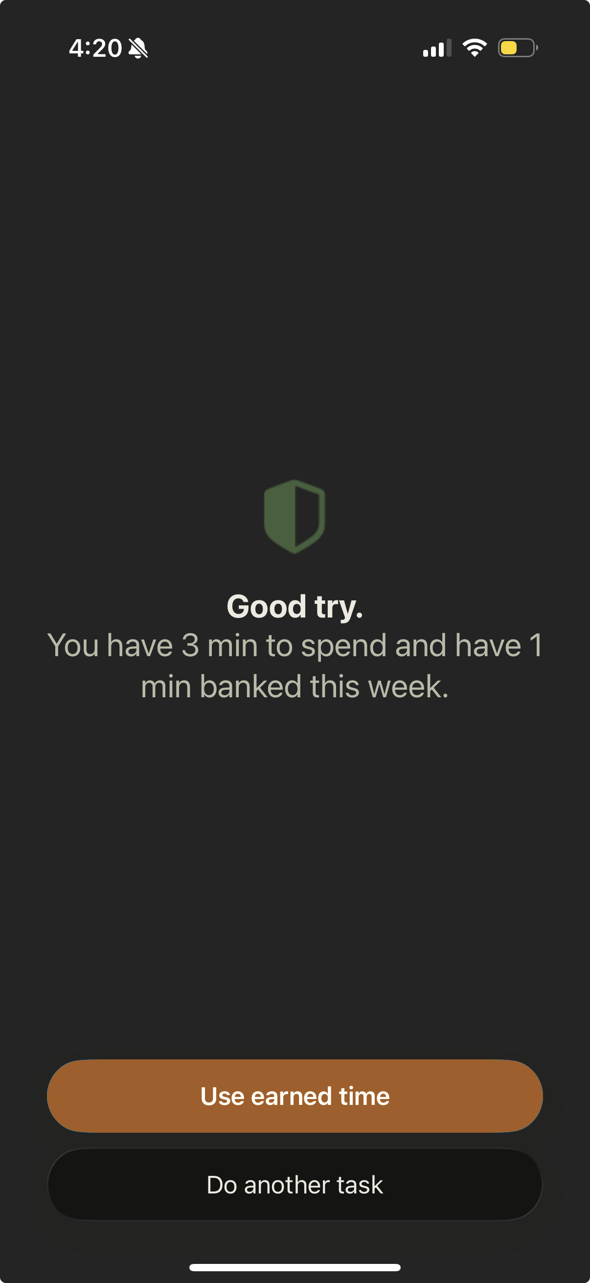 Dark lock screen shows three minutes available, one minute banked, and options to use earned time or do another task