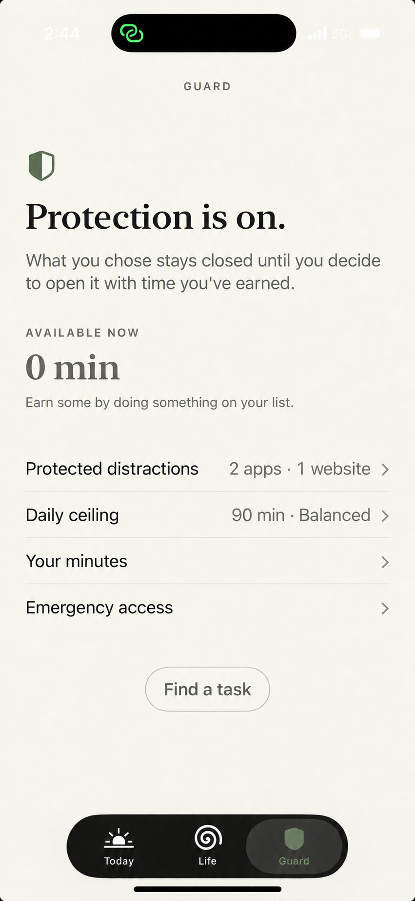 Guard shows protection on, protected apps and websites, available minutes, and Emergency Access